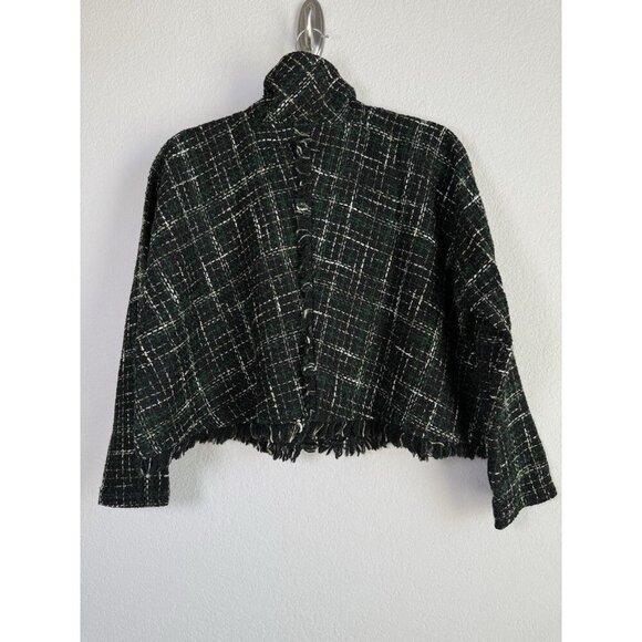 ZARA WOMAN Tweed Fringed Mock Neck Front Cropped Jacket Plaid Black Green Size M - Picture 10 of 11